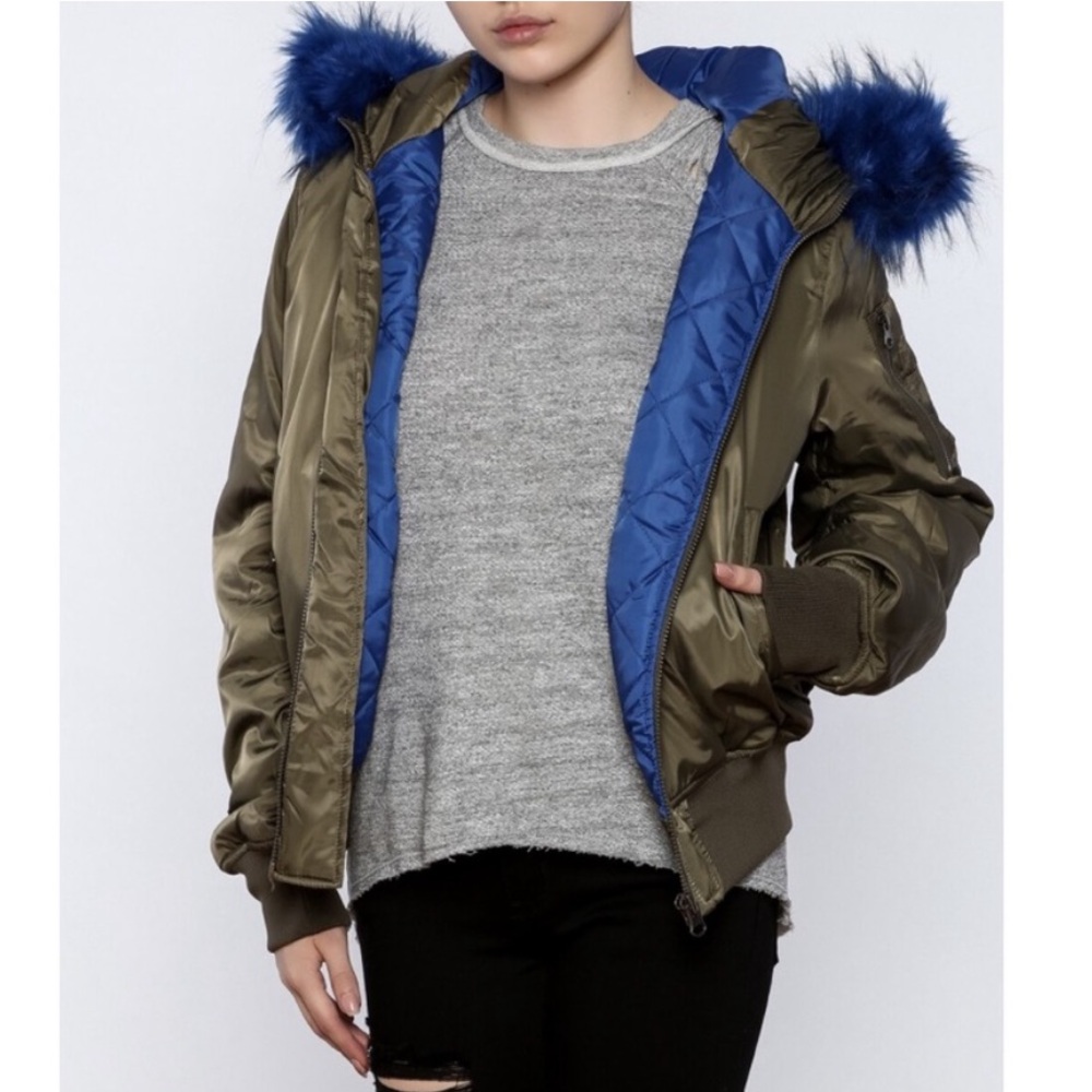 RD Style blue faux fur military bomber jacket